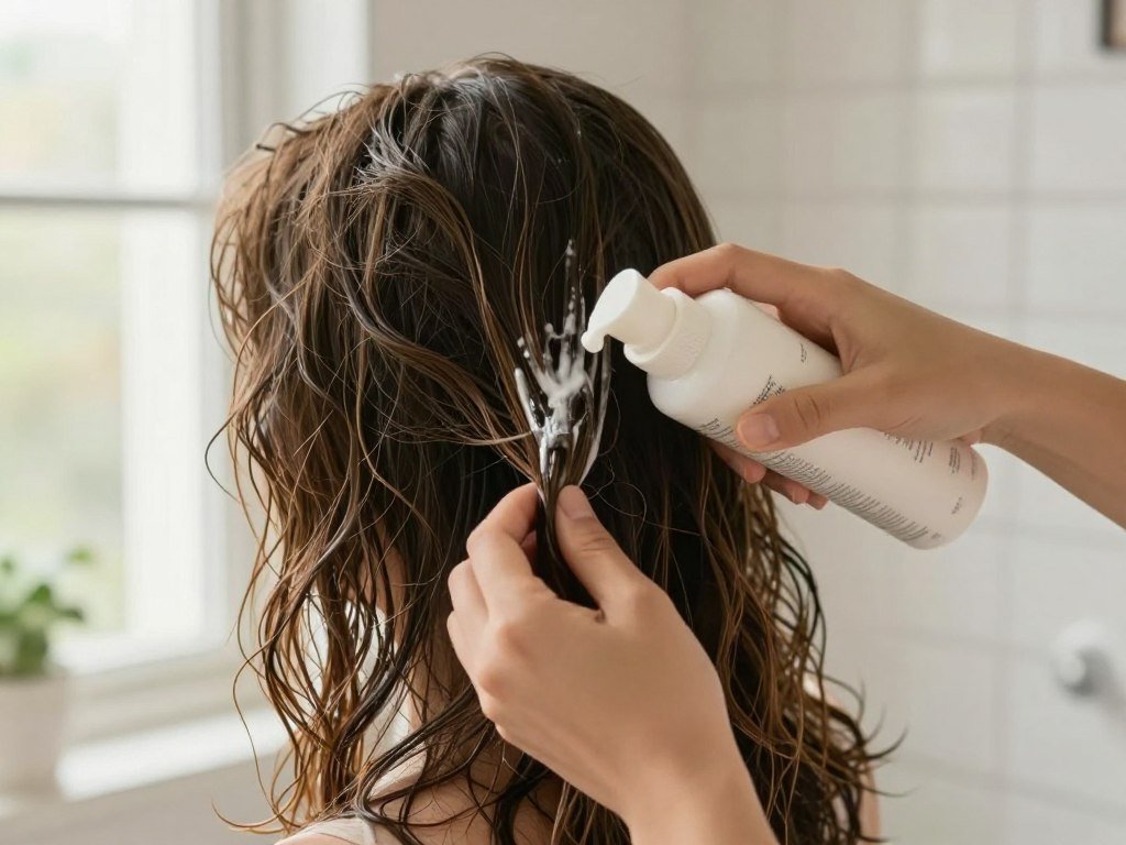 Hands scrunch lightweight styling cream into wet waves