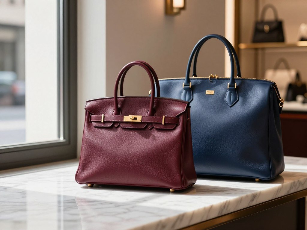 Hermès Birkin leather bag beside a curved Bolide travel bag Hermès Birkin leather bag beside a curved Bolide travel bag