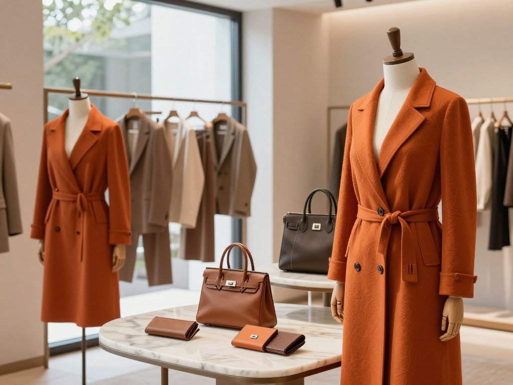 Hermès clothing displayed beside finely stitched leather goods