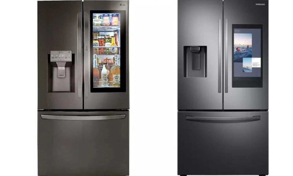Two modern dark stainless-steel French-door refrigerators on a white background, featuring water dispensers, bottom freezer drawers, and door displays; sleek, high-tech kitchen appliances.