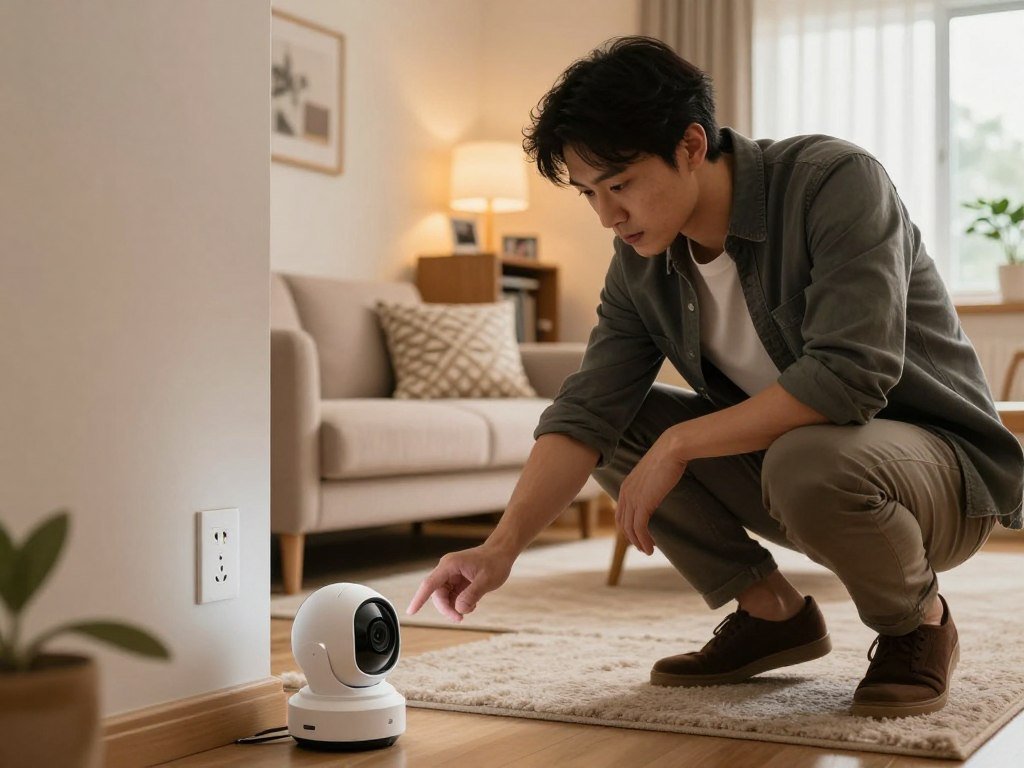 Homeowner checks camera field of view near a living room outlet