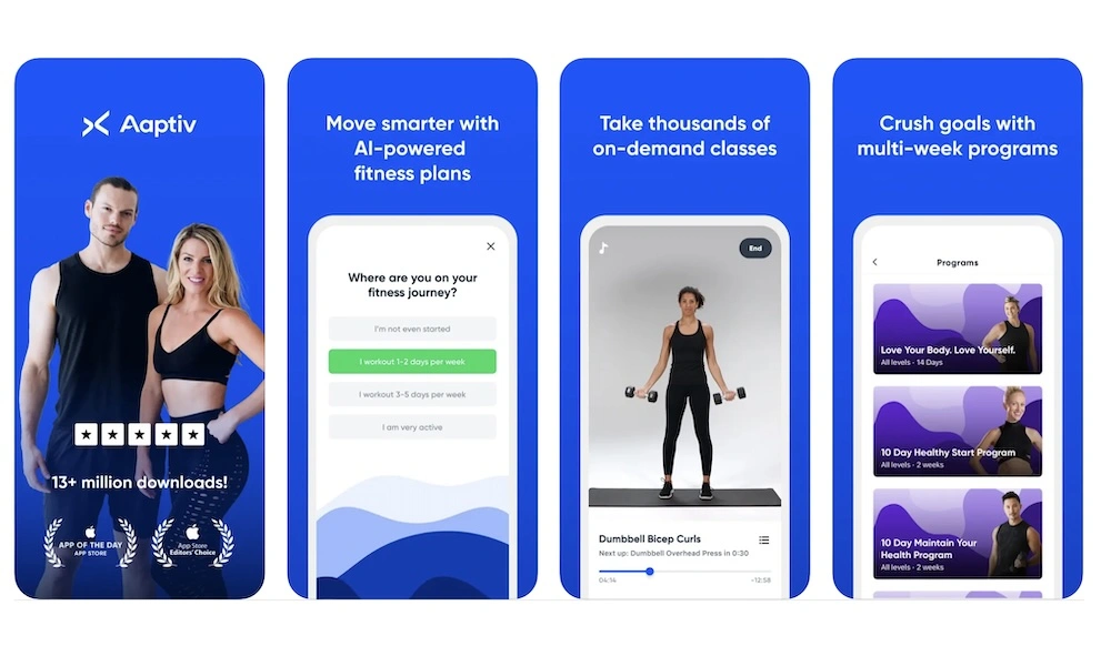 Aaptiv fitness app ad shows two trainers beside phone screens for AI workout plans, on-demand classes, and multiweek programs in an upbeat blue design.