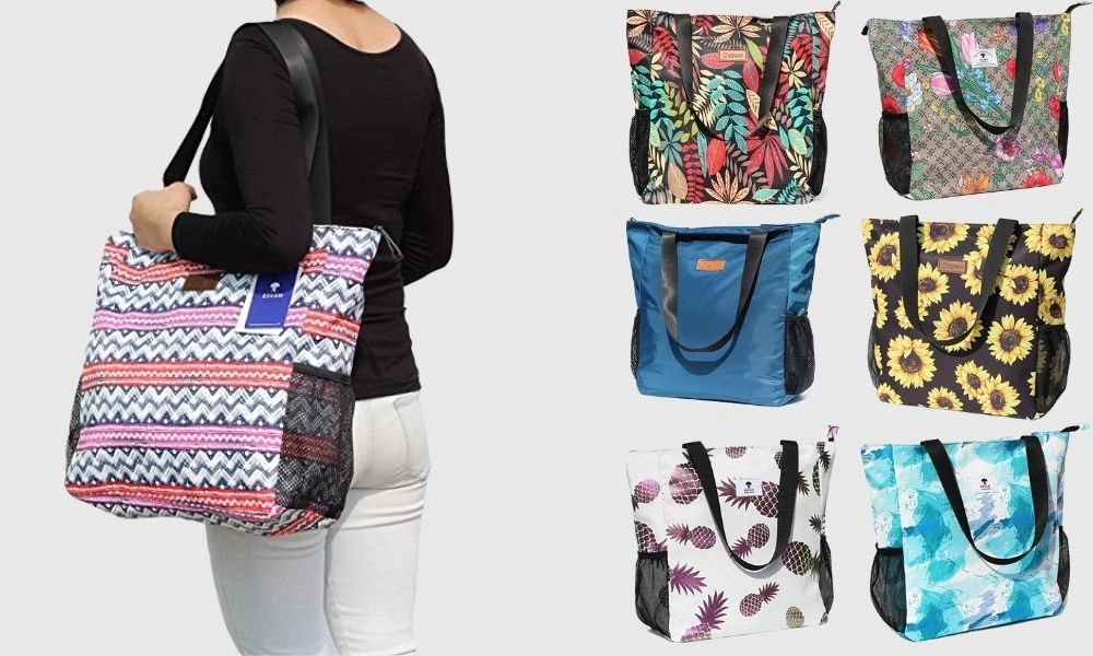 A woman carries a large patterned shoulder tote, alongside six colorful tote bags with floral, geometric, and abstract prints, shown on a light background.