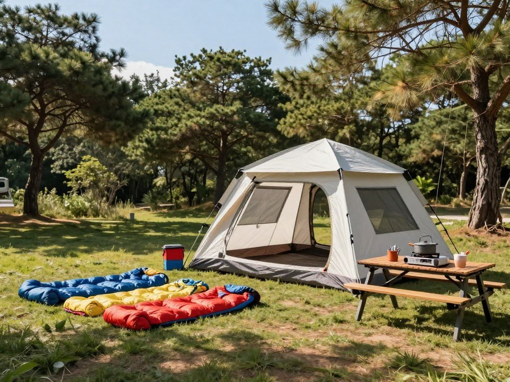 Hub-style instant tent pitched beside a family campsite