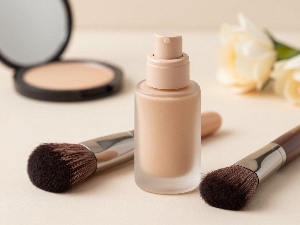 Hydrating foundation formula beside a makeup brush