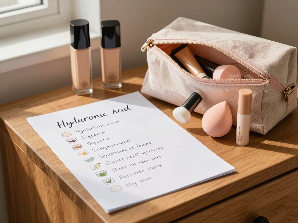 Hydrating foundation ingredient checklist beside a dry skin makeup bag Hydrating foundation ingredient checklist beside a dry skin makeup bag