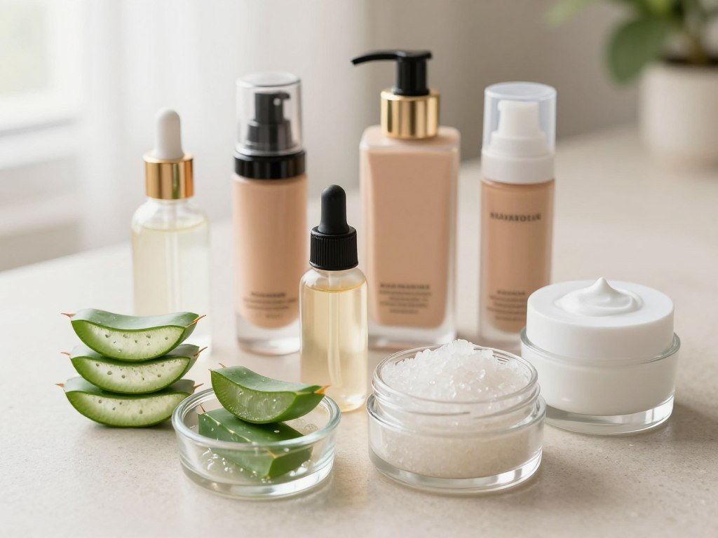 Hydrating foundation ingredients beside a dry skin care routine