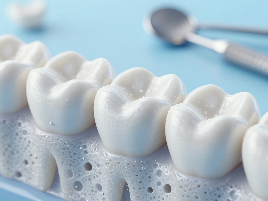 Hydroxyapatite particles sit in porous tooth enamel surface spots