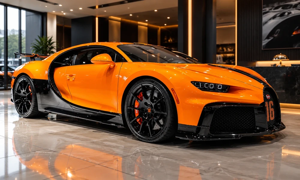 Orange and black Bugatti Chiron with a rear wing parked on polished floor in a showroom.