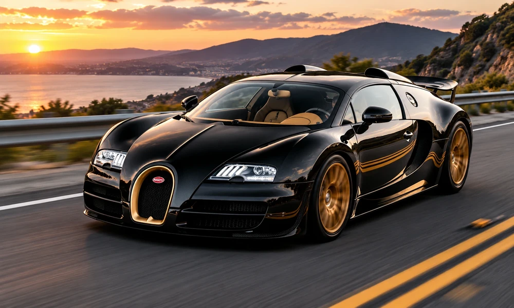 Black Bugatti Veyron with gold wheels and a gold grille surround driving along a coastal road at sunset.