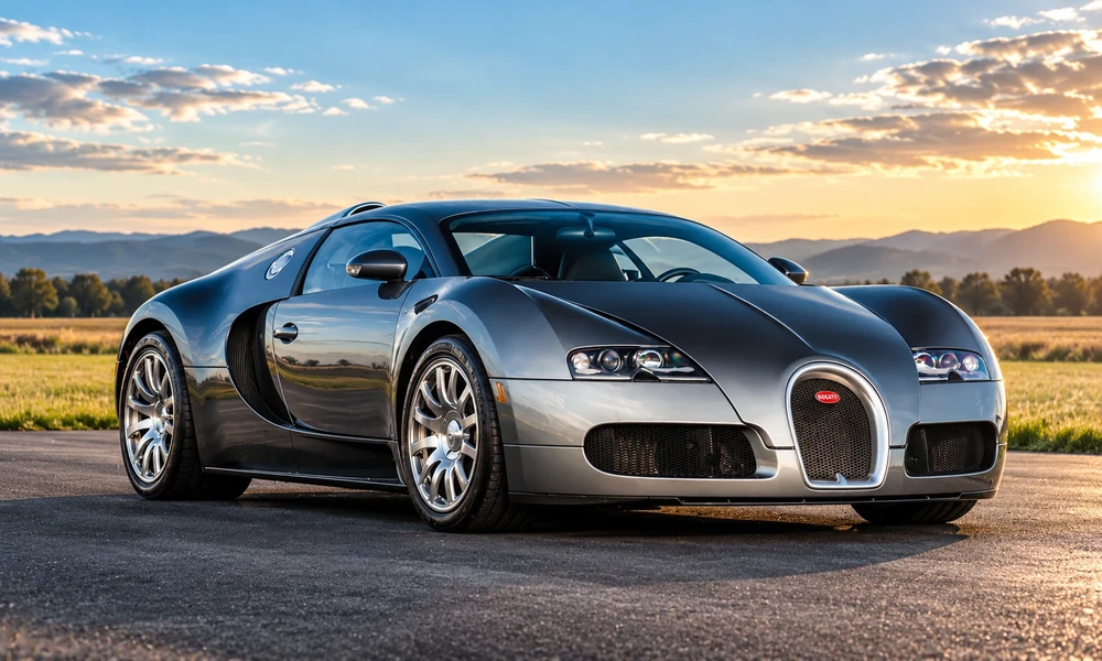 Silver and dark gray Bugatti Veyron parked on tarmac with a field and mountains in the background at sunset.