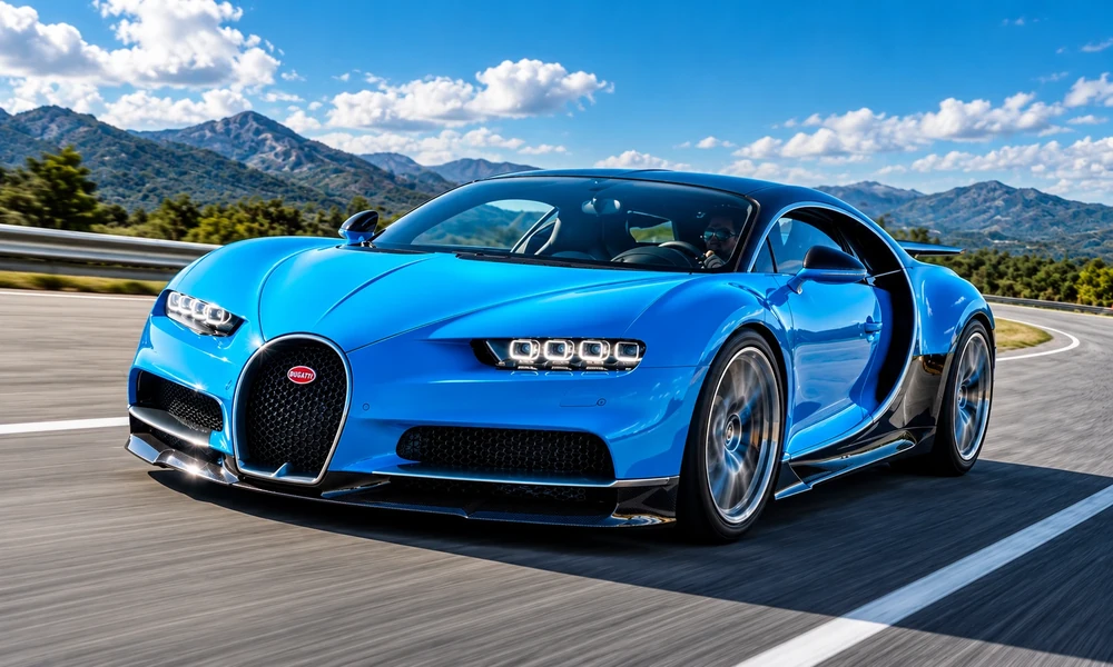 Blue Bugatti Chiron driving on a curved mountain road under a clear sky with clouds.