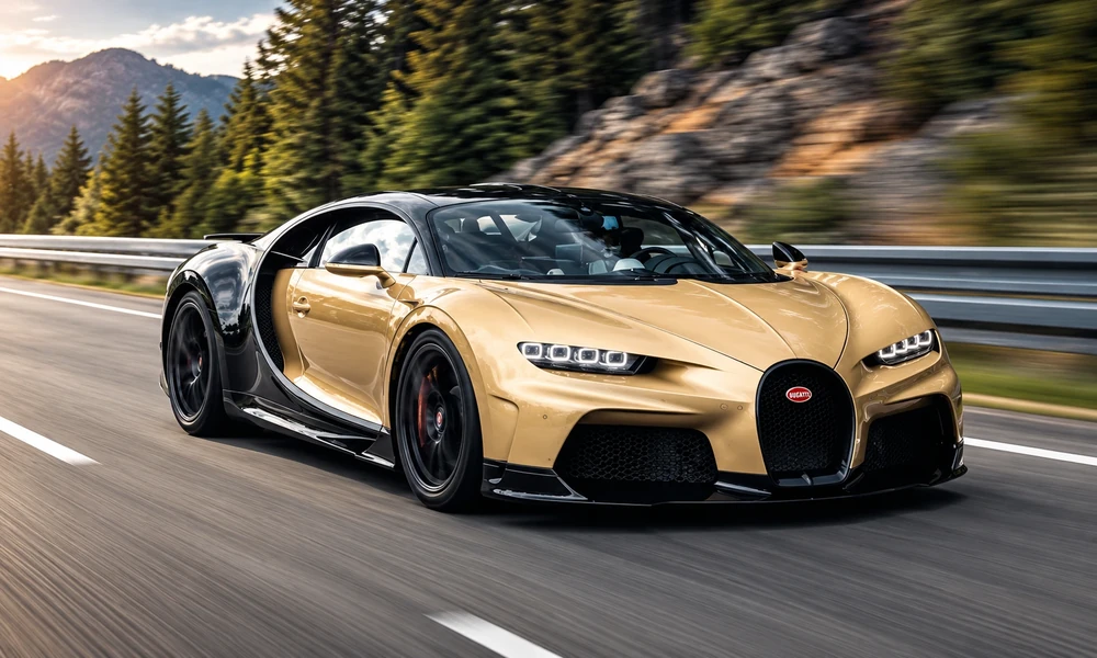 Gold and black Bugatti Chiron Super Sport driving past pine trees on a mountain road.