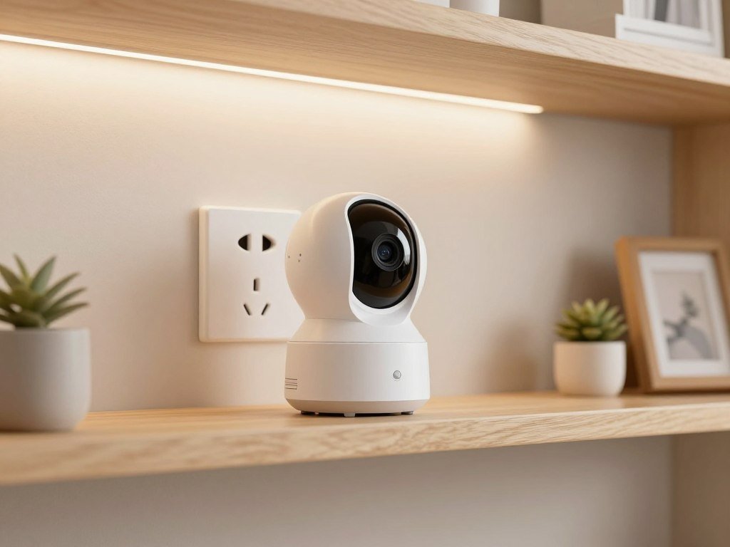 Indoor camera on a shelf beside a reachable wall outlet