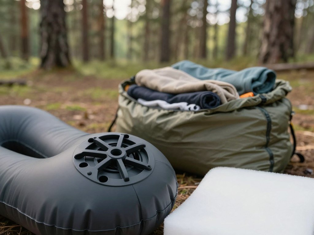 Inflatable pillow valve beside foam and a clothing-filled stuff sack