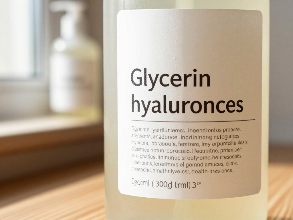 Ingredient labels showing glycerin and hyaluronic acid in shampoo Ingredient labels showing glycerin and hyaluronic acid in shampoo