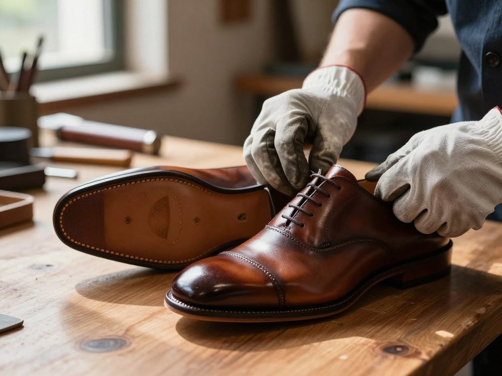 Italian leather shoes inspected for sole and stitching quality