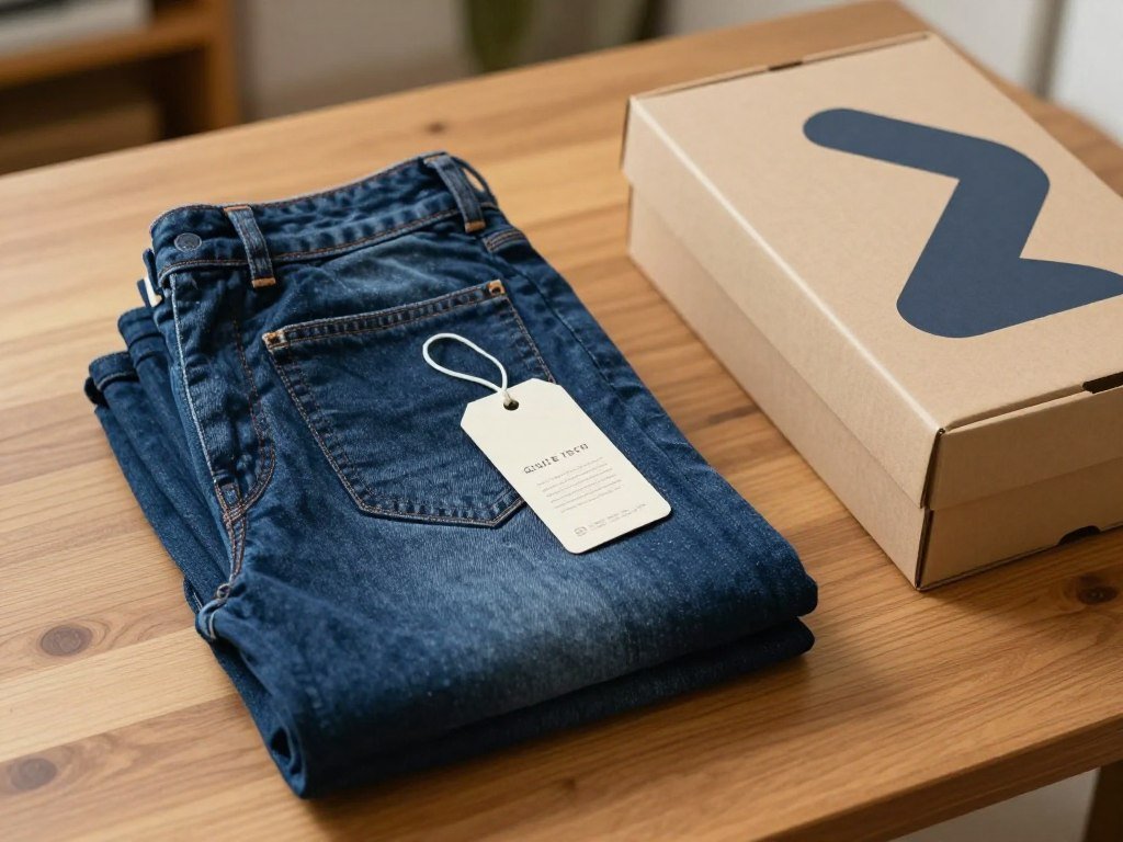 Jeans folded beside a price tag and shipping box Jeans folded beside a price tag and shipping box
