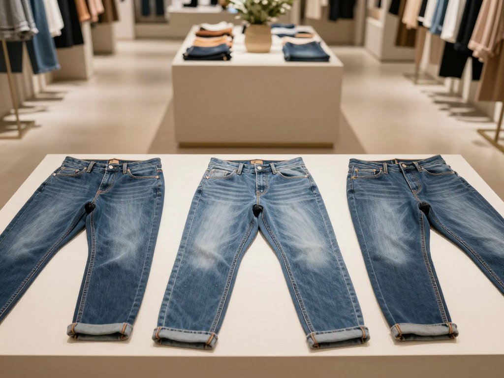 Jeans options with different waistbands and leg cuts Jeans options with different waistbands and leg cuts
