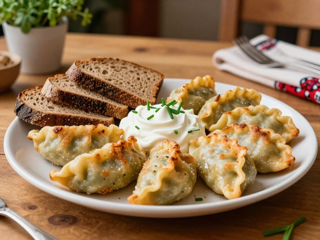 Kabocha pierogi and rye bread at a vegan Eastern European restaurant Kabocha pierogi and rye bread at a vegan Eastern European restaurant