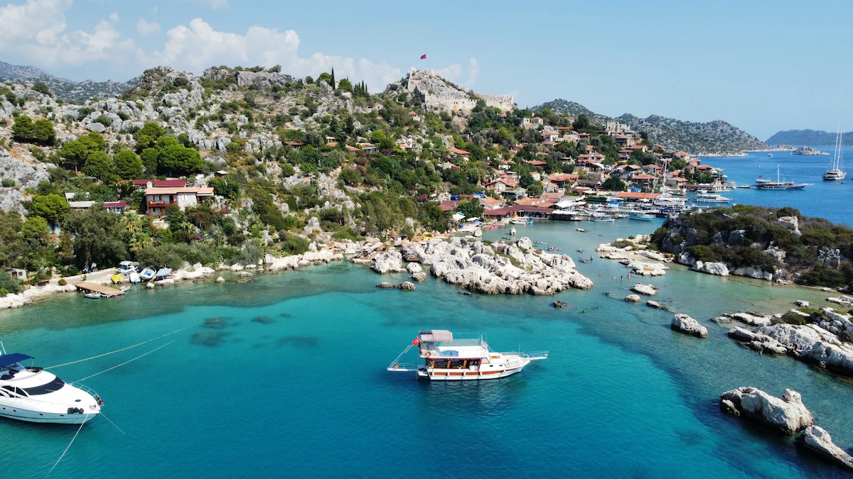 Scenic view of boats anchored in Kekova coastal waters