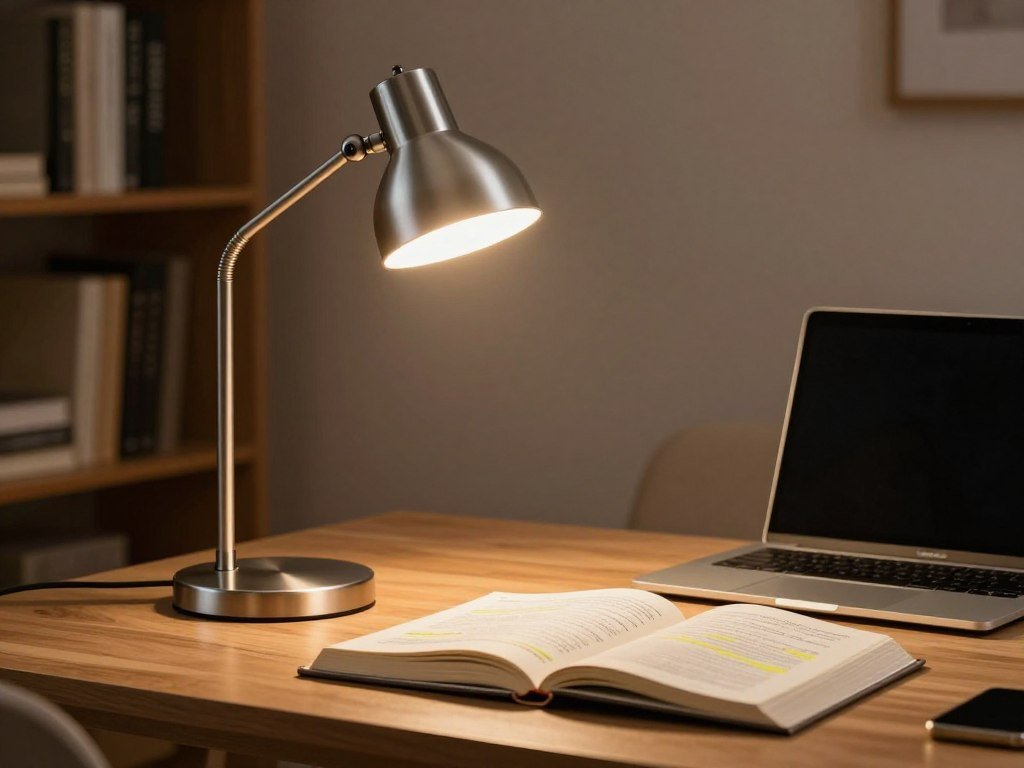 LED desk lamp lighting a study book beside a laptop