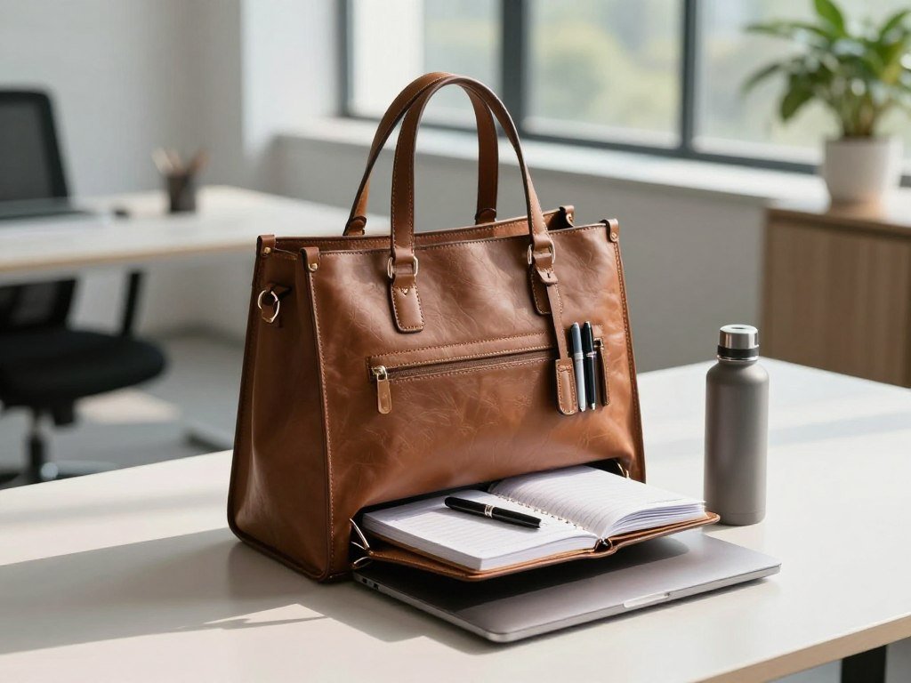 Laptop and daily essentials measured against a work tote Laptop and daily essentials measured against a work tote