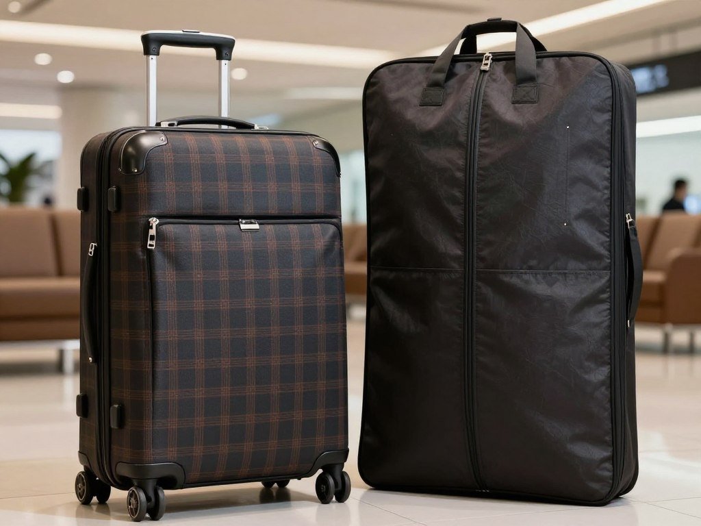 Large checked suitcase with a garment envelope for international travel Large checked suitcase with a garment envelope for international travel