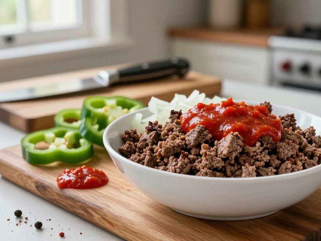 Lean ground beef, onion, green bell pepper, and tomato sauce ingredients Lean ground beef, onion, green bell pepper, and tomato sauce ingredients