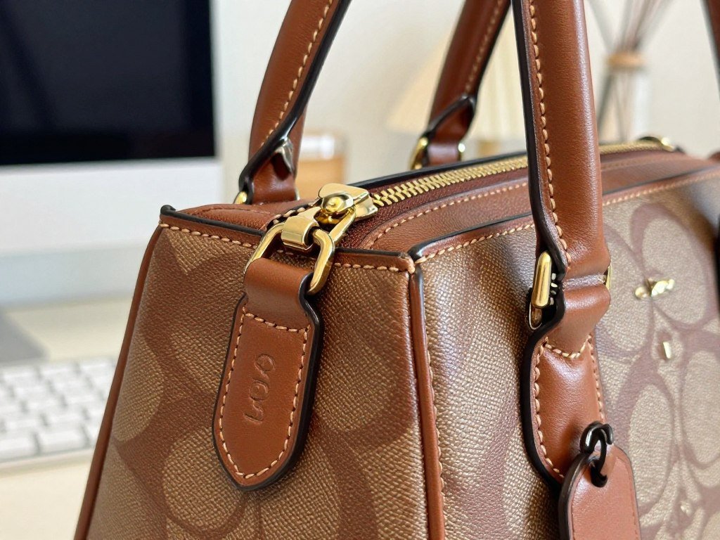 Leather Coach handbag stitching and smooth hardware inspection Leather Coach handbag stitching and smooth hardware inspection