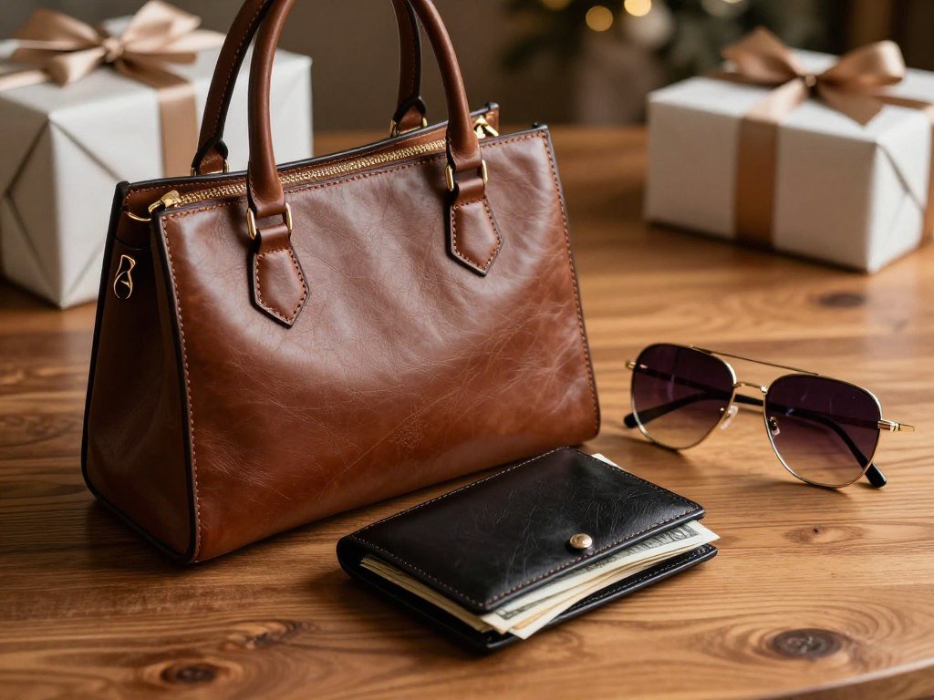 Leather bag, money clip wallet, and sunglasses as luxury gifts