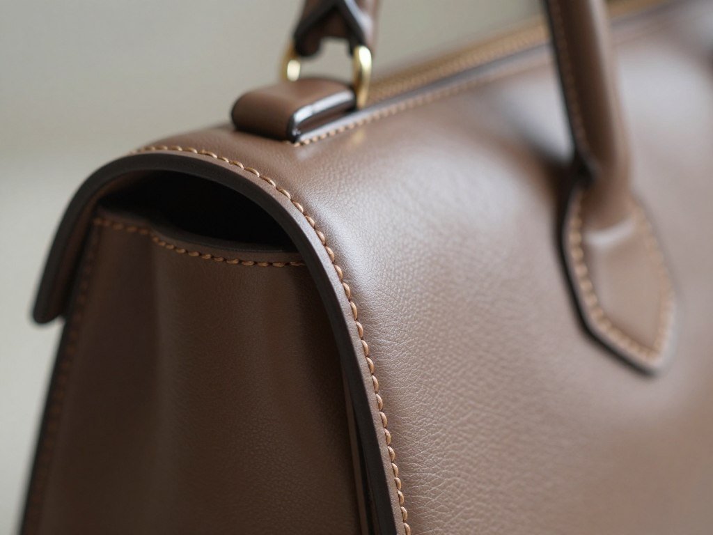 Leather bag stitching, edges, and hardware under close inspection Leather bag stitching, edges, and hardware under close inspection