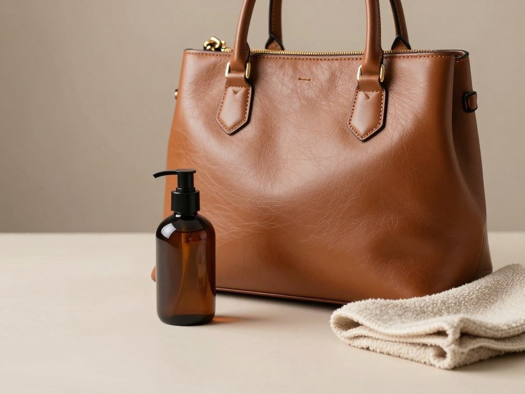 Leather conditioner and soft cloth beside a handbag
