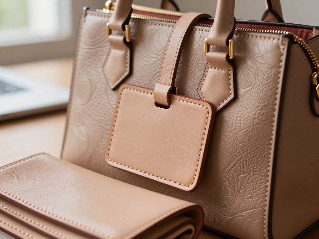 Leather label beside a bag with several finishes