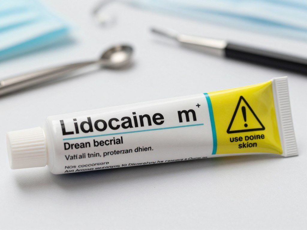 Lidocaine cream label beside a warning about broken skin Lidocaine cream label beside a warning about broken skin