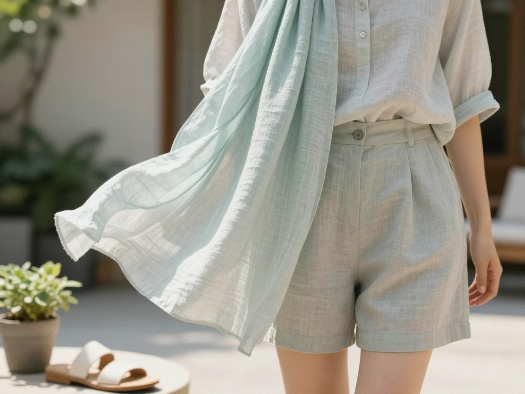 Light linen scarf draped over a summer outfit Light linen scarf draped over a summer outfit