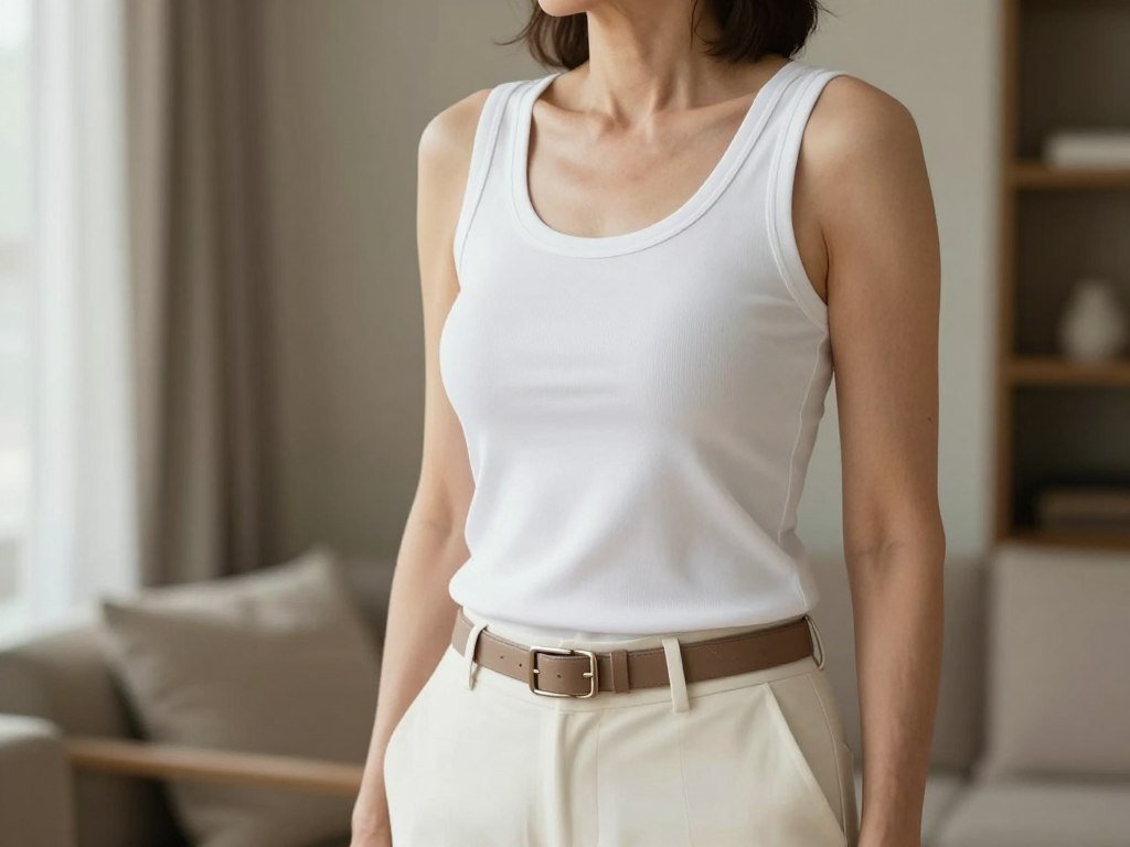 Long white tank tucked into trousers for a secure fit