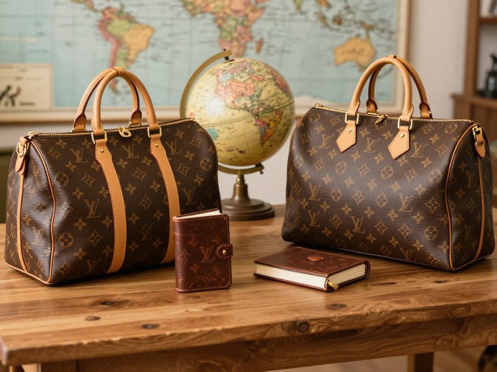 Louis Vuitton Speedy and Keepall displayed as vintage travel bags Louis Vuitton Speedy and Keepall displayed as vintage travel bags