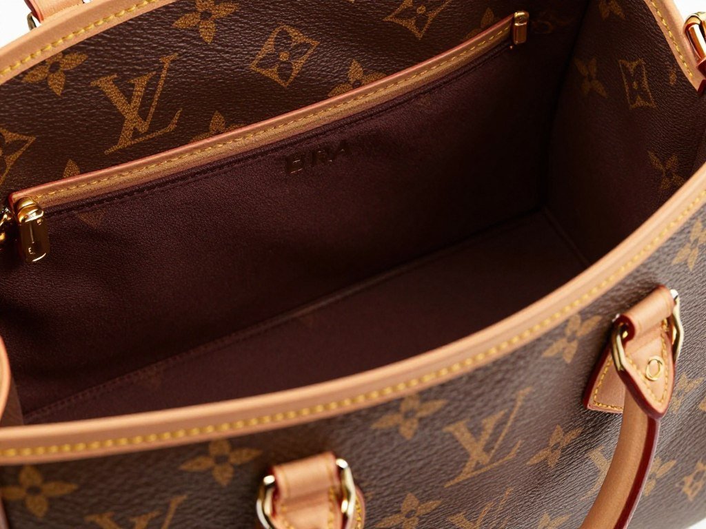 Louis Vuitton bag interior showing a date code near a seam Louis Vuitton bag interior showing a date code near a seam
