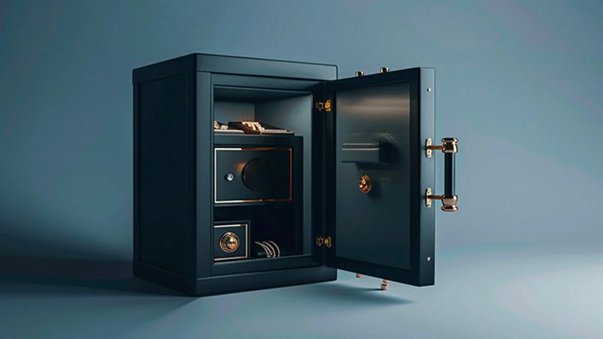 An open dark-gray security safe stands against a teal wall, revealing shelves, a small inner lockbox, and valuables; its brass hardware adds a sleek, secure feel.