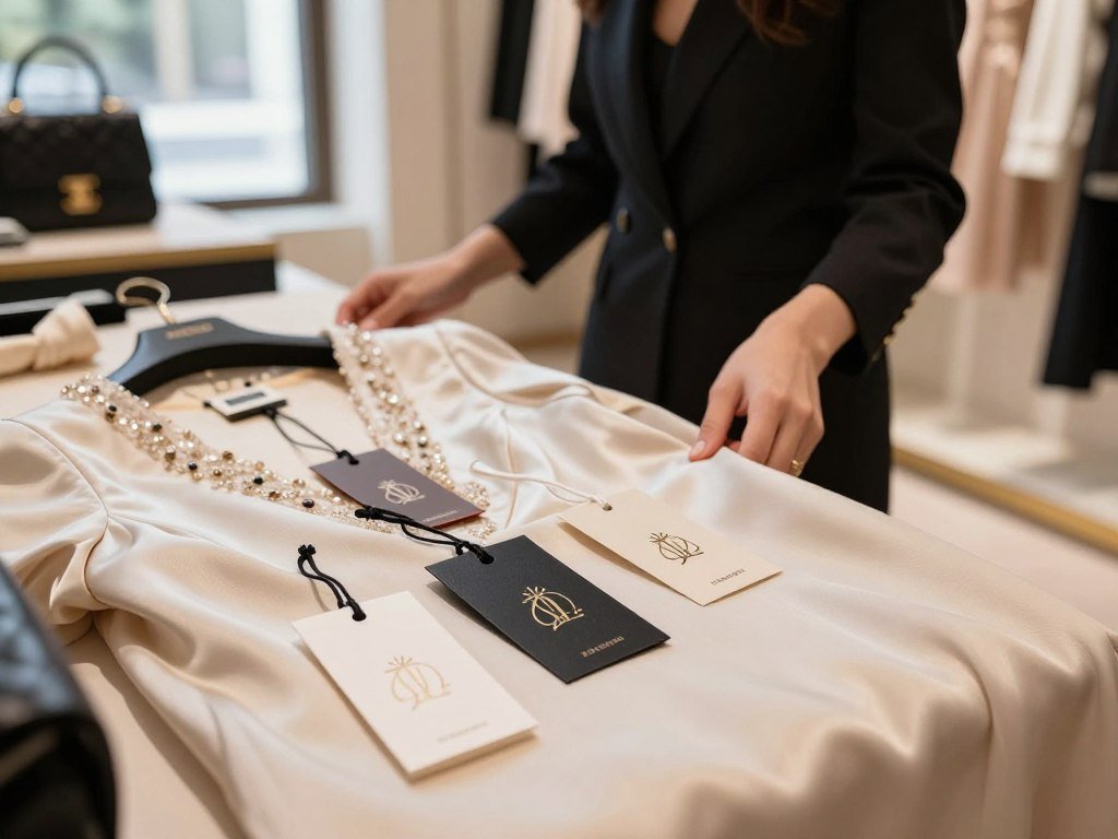 Luxury clothing price tags beside a shopper's garment inspection