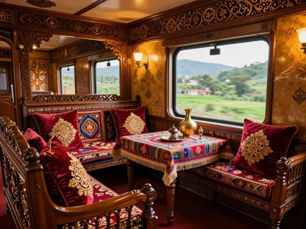 Maharajas’ Express cabin with richly colored Indian design Maharajas’ Express cabin with richly colored Indian design