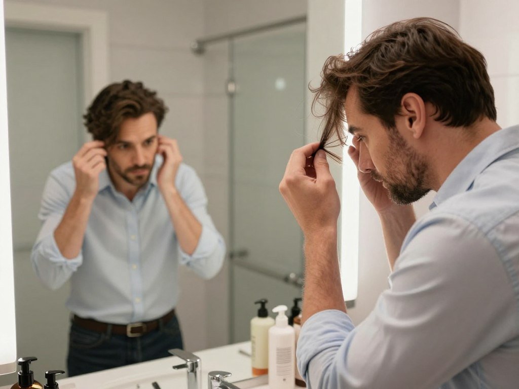 Man checking fine strands and visible hair density in mirror Man checking fine strands and visible hair density in mirror