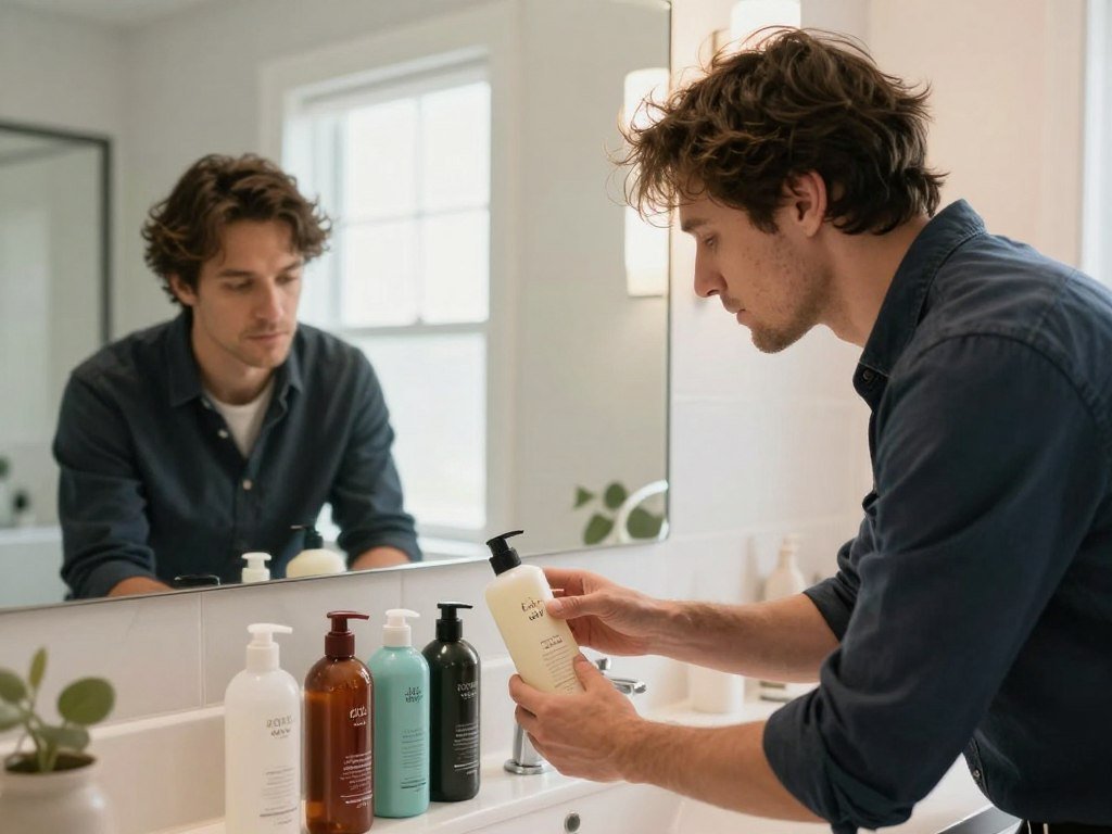 Man comparing shampoo choice with scalp and hair needs Man comparing shampoo choice with scalp and hair needs