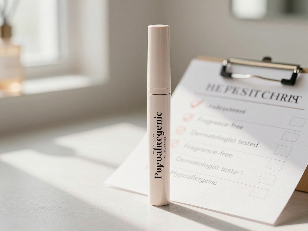 Mascara label beside a checklist for sensitive eyes and allergies Mascara label beside a checklist for sensitive eyes and allergies