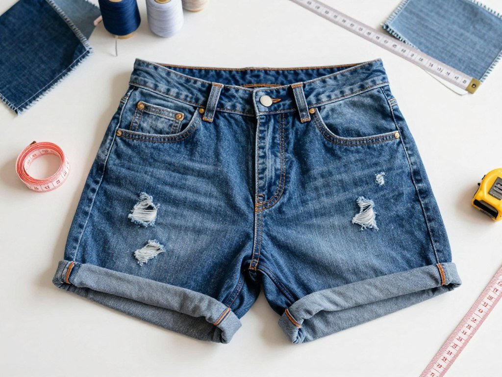 Measuring denim shorts rise and inseam on a flat surface Measuring denim shorts rise and inseam on a flat surface