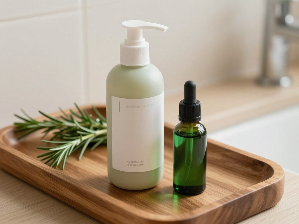 Medicated shampoo beside rosemary oil for scalp care and flakes Medicated shampoo beside rosemary oil for scalp care and flakes