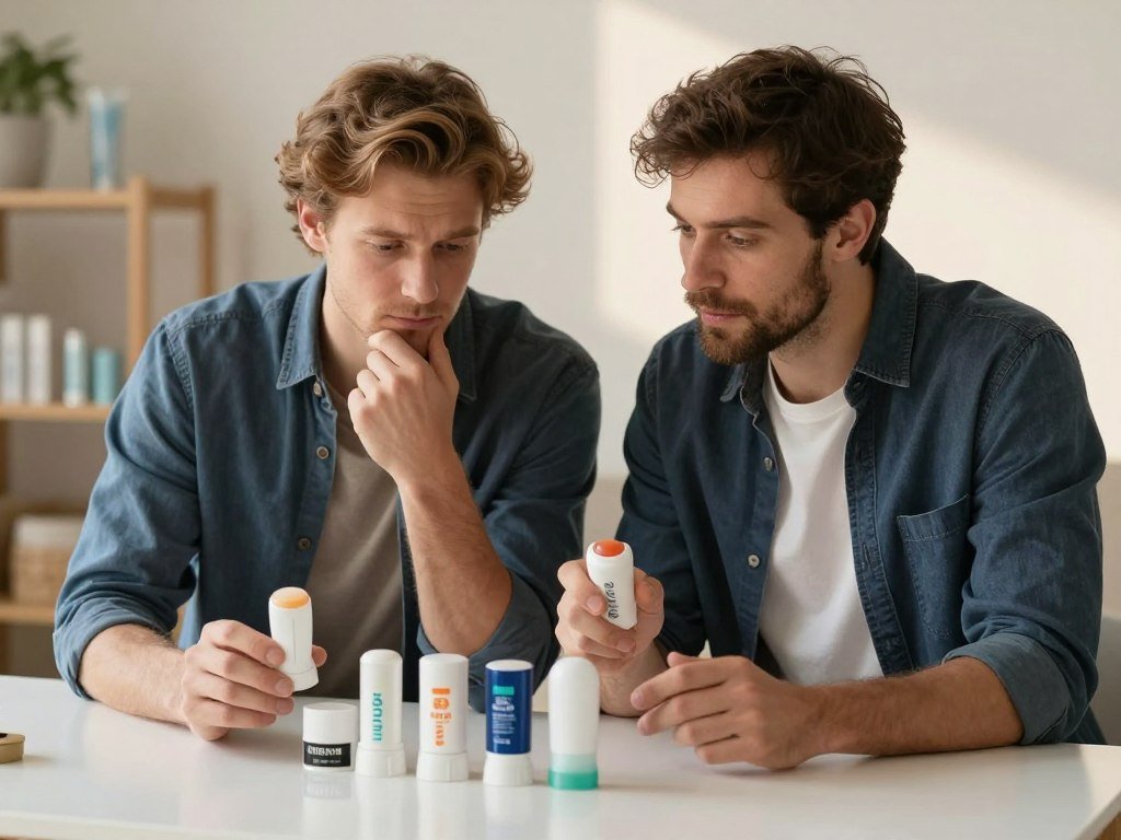Men compare antiperspirant sticks for sweat and odor control