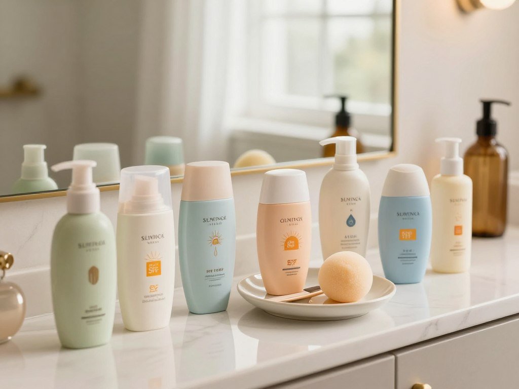 Mineral and chemical sunscreen options on a bathroom counter