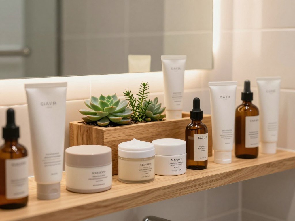 Mineral sunscreen filters and skin-care ingredients on a bathroom shelf Mineral sunscreen filters and skin-care ingredients on a bathroom shelf